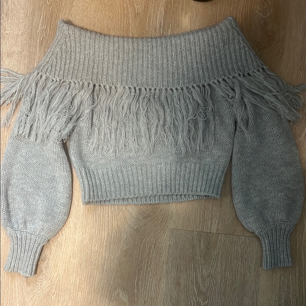 Gray Off-Shoulder Fringe Sweater